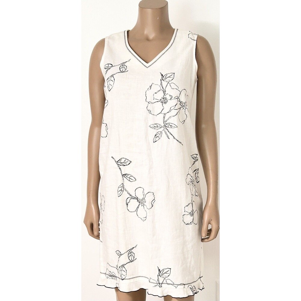 Norton McNaughton 100% Linen Dress in Off White Black Floral Size Petite Small
